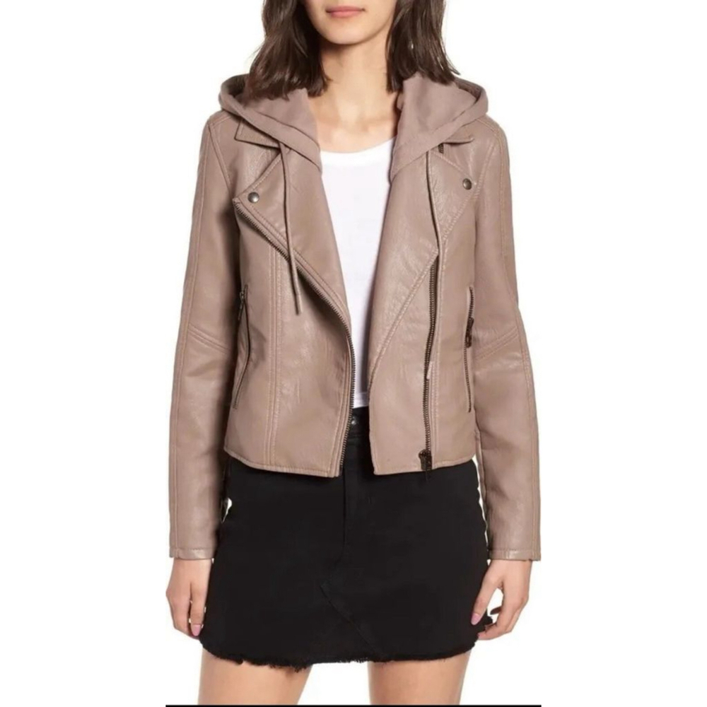 Women's Nordstrom BLANKNYC Plus 1X Taupe Faux Leather Detach Hood Moto Jacket